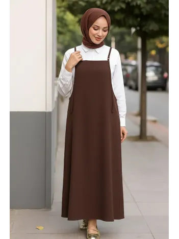 Kadın Acı Kahverengi Basic Ayarlanabilir Askılı Jile Elbise