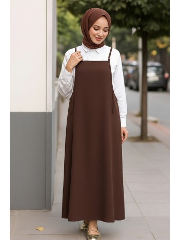 Kadın Acı Kahverengi Basic Ayarlanabilir Askılı Jile Elbise