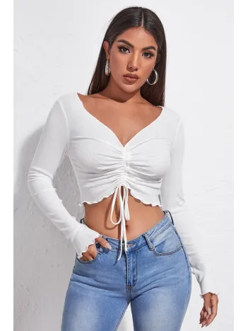 Kadın Beyaz Uzun Kollu Büzdürme Bağcık Detaylı Crop Top Bluz – Şık, Rahat Ve Kolay Kombinlenebilir