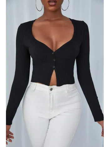 Kadın Siyah Uzun Kollu Düğmeli Göğüs Ve Göbek Dekolteli Crop Top Bluz – Şık, Rahat Ve Kolay Kombinlenebilir