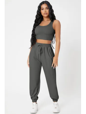 Kadın Antrasit Gri Kaşkorse Cepli Jogger Eşofman Altı Ve Crop Top Bluz – Şık, Rahat Ve Kolay Kombinlenebilir