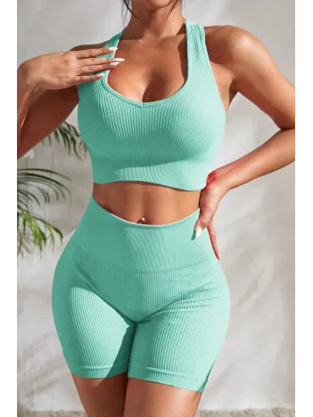 Kadın Açık Mavi Yüksek Bel Çapraz Sırt Detaylı Şortlu Gecelik Takım – Modern, Konforlu Ve Günlük Kombinlere Uygun