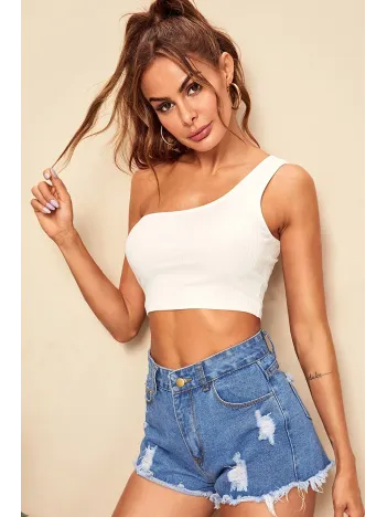 Kadın Beyaz Tek Omuz Crop Büstiyer – Modern Ve Şık Tasarım