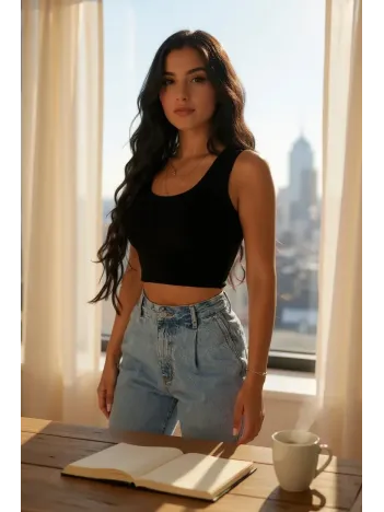 Kadın Siyah Kare Yaka Crop Top Bluz – Şık, Rahat Ve Kolay Kombinlenebilir