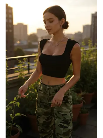 Kadın Siyah Kare Yaka Kalınlaşan Omuz Detaylı Crop Top Bluz