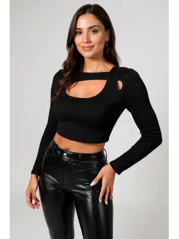 Kadın Siyah Göğüs Dekolteli Çapraz Askılı Uzun Kollu Crop Top Bluz – Şık, Rahat Ve Kolay Kombinlenebilir