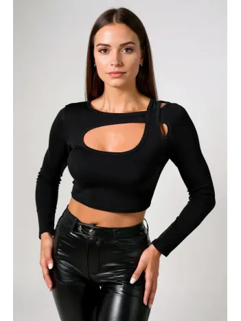 Kadın Siyah Göğüs Dekolteli Çapraz Askılı Uzun Kollu Crop Top Bluz – Şık, Rahat Ve Kolay Kombinlenebilir