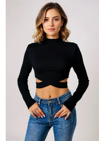 Kadın Siyah Çapraz Bel Detaylı Dik Yaka Uzun Kol Crop Top Bluz – Şık, Rahat Ve Kolay Kombinlenebilir