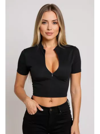 Kadın Siyah Yarım Fermuarlı Ve Kısa Kollu Crop Top Bluz