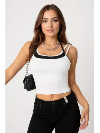 Kadın Siyah Beyaz Çift Renk Çapraz Askılı Crop Top Bluz