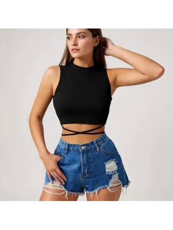 Kadın Siyah Çapraz Bağlamalı Crop Top Büstiyer – Modern Ve Şık Tasarım
