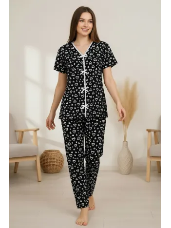 Kadın Siyah Kalp Desenli Fiyonklu Kısa Kollu Uzun Pijama Takımı