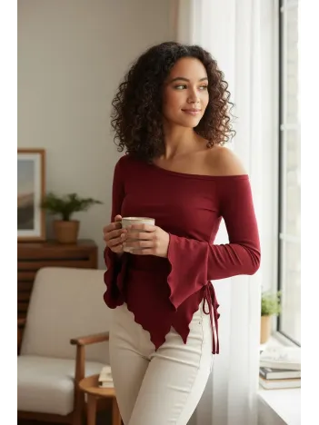 Kadın Bordo Uzun İspanyol Kollu Asimetirik Yaka Yandan Bağlamalı Drapeli Bluz