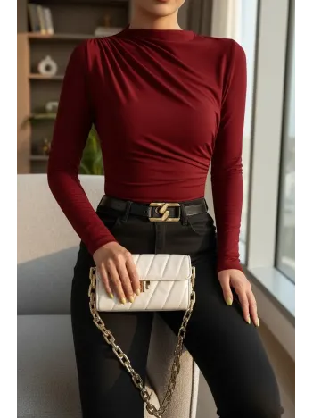 Kadın Bordo Belden Ve Boyundan Büzgü Detaylı Uzun Kollu Bluz