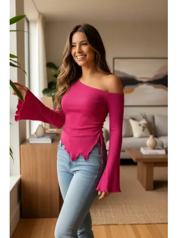 Kadın Fuşya Uzun İspanyol Kollu Asimetirik Yaka Yandan Bağlamalı Drapeli Bluz