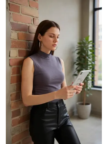 Kadın Antrasit Gri Kolsuz Balıkçı Yaka Basic Bluz Kadın Antrasit Gri Kolsuz Balıkçı Yaka Basic Bluz