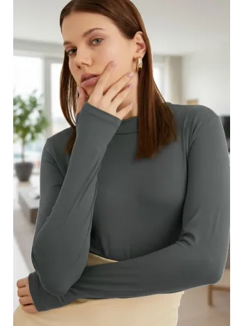 Kadın Antrasit Gri Parmak Detaylı Esnek Uzun Kollu Body