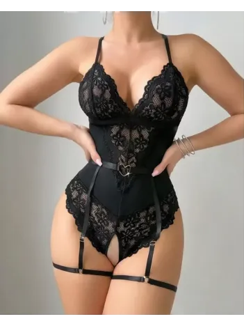 Kadın Siyah Dantel Jartiyerli Bodysuit Gecelik - Kemer Detaylı