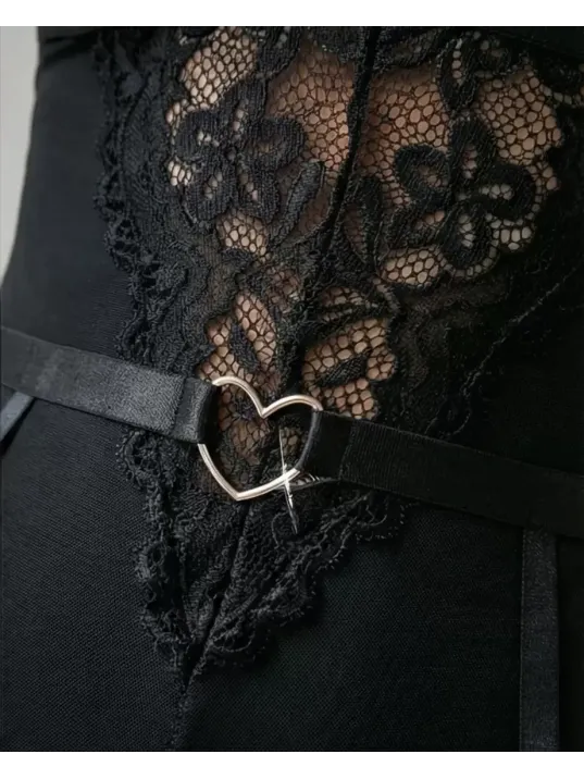 Kadın Siyah Dantel Jartiyerli Bodysuit Gecelik - Kemer Detaylı