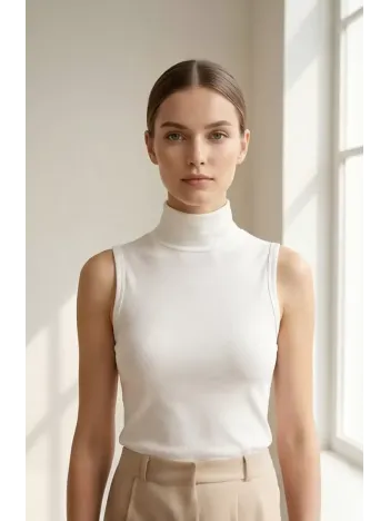 Kadın Beyaz Kolsuz Balıkçı Yaka Basic Bluz