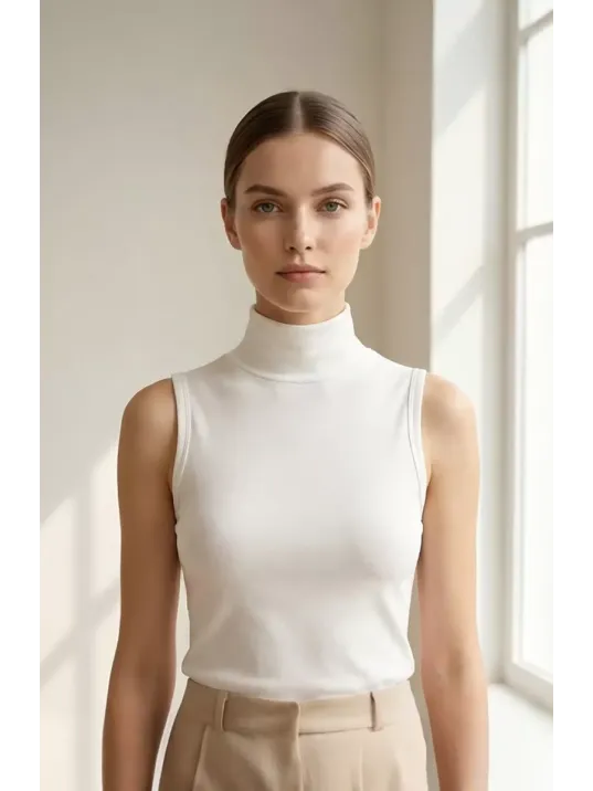 Kadın Beyaz Kolsuz Balıkçı Yaka Basic Bluz Kadın Beyaz Kolsuz Balıkçı Yaka Basic Bluz