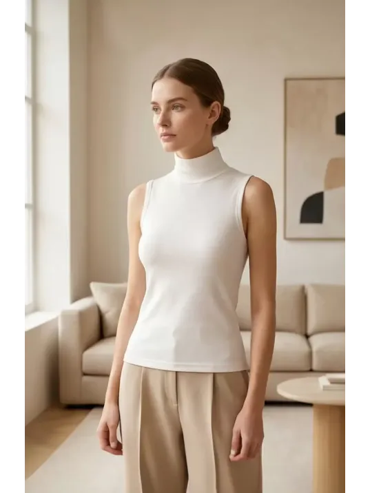 Kadın Beyaz Kolsuz Balıkçı Yaka Basic Bluz Kadın Beyaz Kolsuz Balıkçı Yaka Basic Bluz