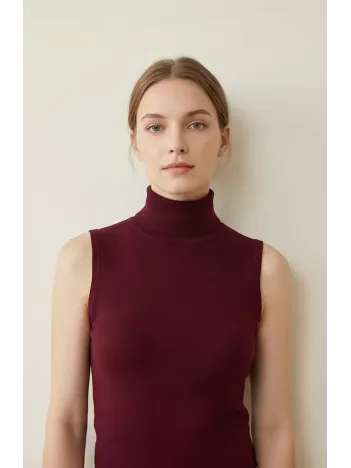 Kadın Bordo Kolsuz Balıkçı Yaka Basic Bluz