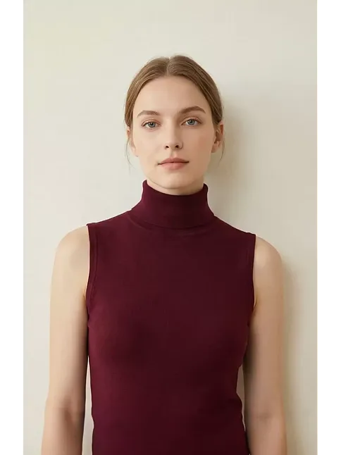 Kadın Bordo Kolsuz Balıkçı Yaka Basic Bluz