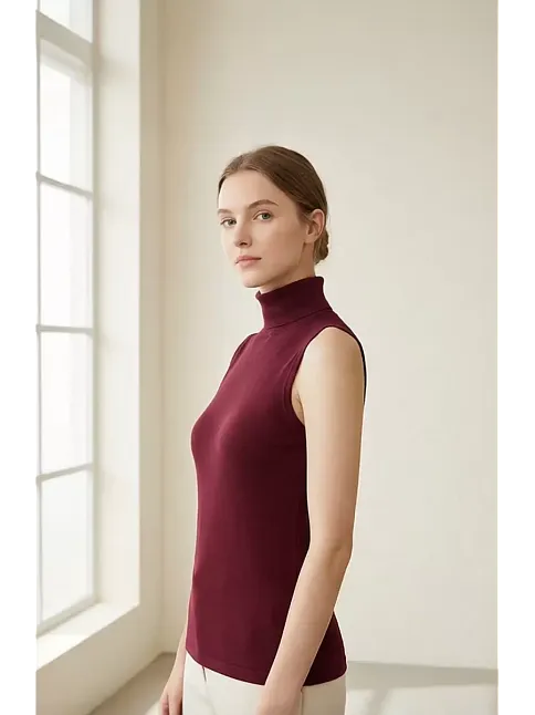 Kadın Bordo Kolsuz Balıkçı Yaka Basic Bluz