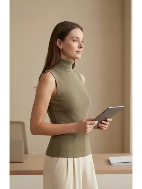 Kadın Haki Yeşili Kolsuz Balıkçı Yaka Basic Bluz Kadın Haki Yeşili Kolsuz Balıkçı Yaka Basic Bluz