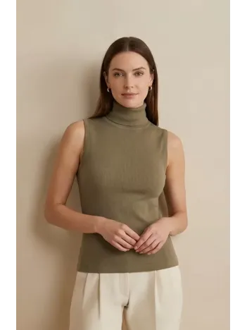 Kadın Haki Yeşili Kolsuz Balıkçı Yaka Basic Bluz