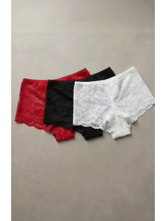 Kadın Siyah Beyaz Kırmızı 3'lü Paket Dantel Tanga Şort Külot – Modern Ve Şık Tasarım