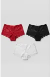 Kadın Siyah Beyaz Kırmızı 3'lü Paket Dantel Tanga Şort Külot – Modern Ve Şık Tasarım