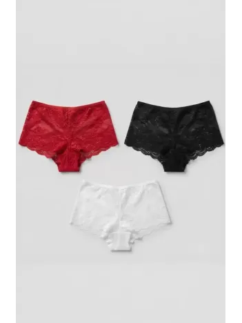 Kadın Siyah Beyaz Kırmızı 3'lü Paket Dantel Tanga Şort Külot – Modern Ve Şık Tasarım