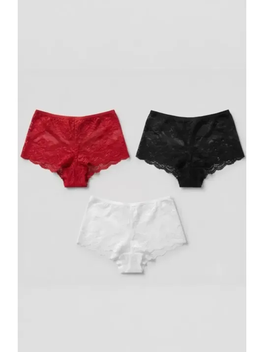 Kadın Siyah Beyaz Kırmızı 3'lü Paket Dantel Tanga Şort Külot – Modern Ve Şık Tasarım