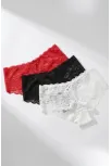Kadın Siyah Beyaz Kırmızı 3'lü Paket Dantel Tanga Şort Külot – Modern Ve Şık Tasarım