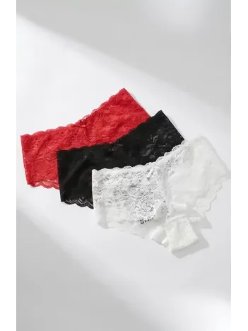 Kadın Siyah Beyaz Kırmızı 3'lü Paket Dantel Tanga Şort Külot – Modern Ve Şık Tasarım