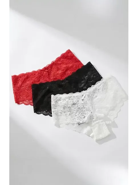 Kadın Siyah Beyaz Kırmızı 3'lü Paket Dantel Tanga Şort Külot – Modern Ve Şık Tasarım Kadın Siyah Beyaz Kırmızı 3'lü Paket Dantel Tanga Şort Külot – Modern Ve Şık Tasarım