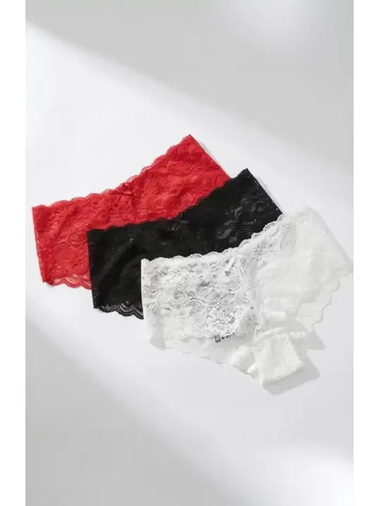 Kadın Siyah Beyaz Kırmızı 3'lü Paket Dantel Tanga Şort Külot – Modern Ve Şık Tasarım