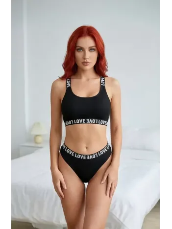 Kadın Siyah Çapraz Sırt Ve Love Lastik Detaylı Sütyen Külot Takım