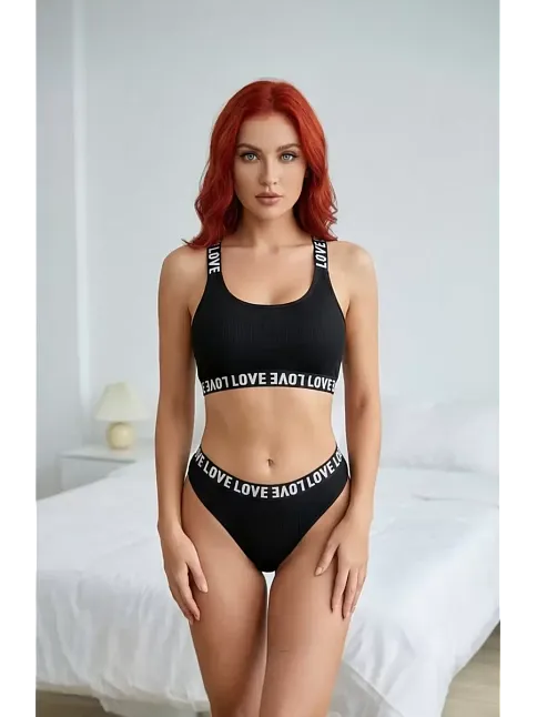 Kadın Siyah Çapraz Sırt Ve Love Lastik Detaylı Sütyen Külot Takım