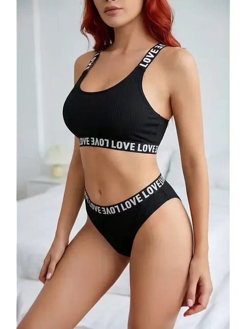 Kadın Siyah Çapraz Sırt Ve Love Lastik Detaylı Sütyen Külot Takım