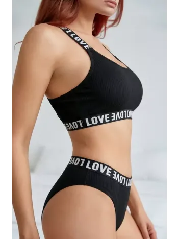 Kadın Siyah Çapraz Sırt Ve Love Lastik Detaylı Sütyen Külot Takım