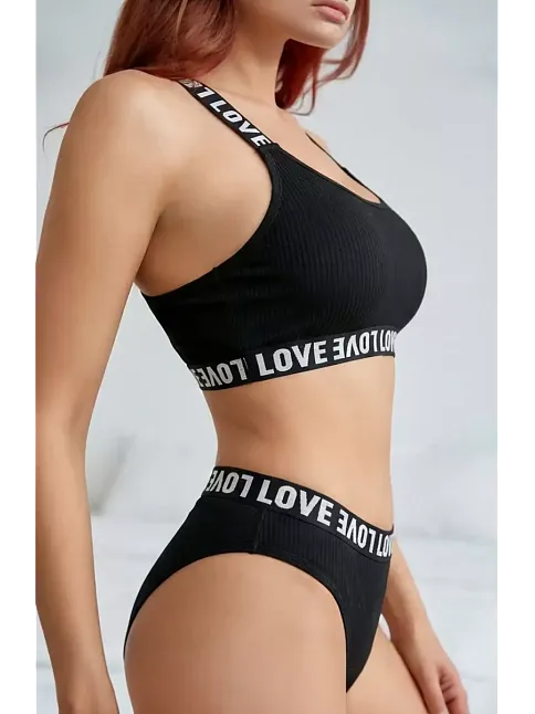 Kadın Siyah Çapraz Sırt Ve Love Lastik Detaylı Sütyen Külot Takım