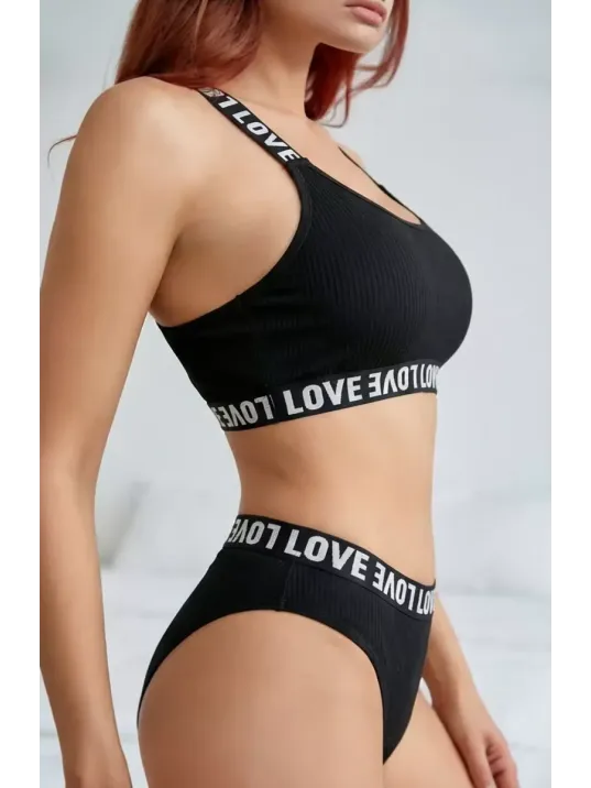 Kadın Siyah Çapraz Sırt Ve Love Lastik Detaylı Sütyen Külot Takım