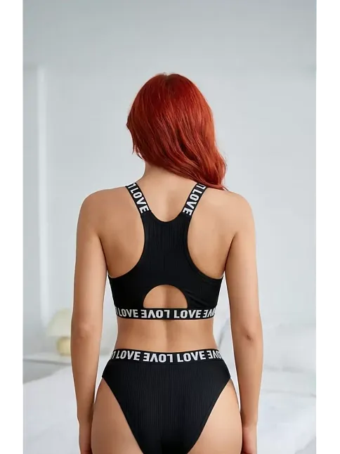 Kadın Siyah Çapraz Sırt Ve Love Lastik Detaylı Sütyen Külot Takım