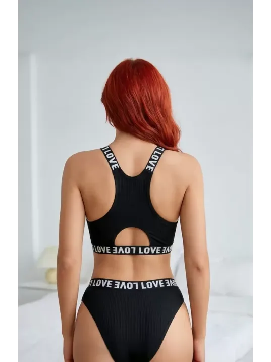 Kadın Siyah Çapraz Sırt Ve Love Lastik Detaylı Sütyen Külot Takım
