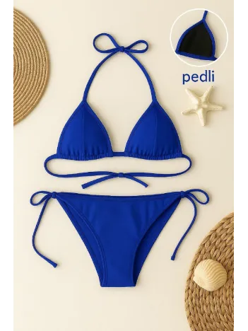Kadın Mavi Yandan Ve Boyundan Bağlamalı Bikini Mayo Takımı