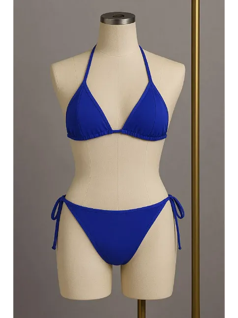 Kadın Mavi Yandan Ve Boyundan Bağlamalı Bikini Mayo Takımı