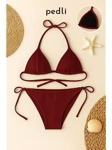 Kadın Bordo Yandan Ve Boyundan Bağlamalı Bikini Mayo Takımı